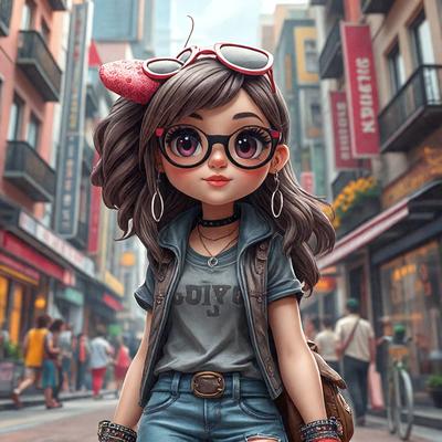 The primary subject of the image is a cartoon-like girl wearing glasses and a black shirt. She is standing on a street, surrounded by other people. The setting includes a city street with buildings in the background. The visual style is a digital art or illustration, giving the image a unique and creative appearance. The colors and mood of the image are vibrant and lively, with the girl being the main focus of the scene.